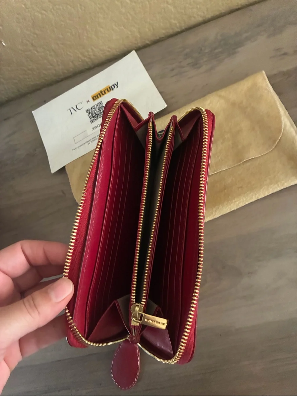 Burberry Beige Nova Check Zip Wallet with Red Trim and Plaid